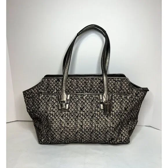 COACH Authentic Tote Carryall Shoulder Bag Purse Snake Print Leather Trim Black - Picture 1 of 11